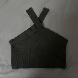 Black Crossover Ribbed Halter Top
